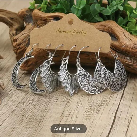 Boho Moon & Feather Hoop Earrings,Antique Silver Tone,3 Pairs Earrings Set - Picture 4 of 5